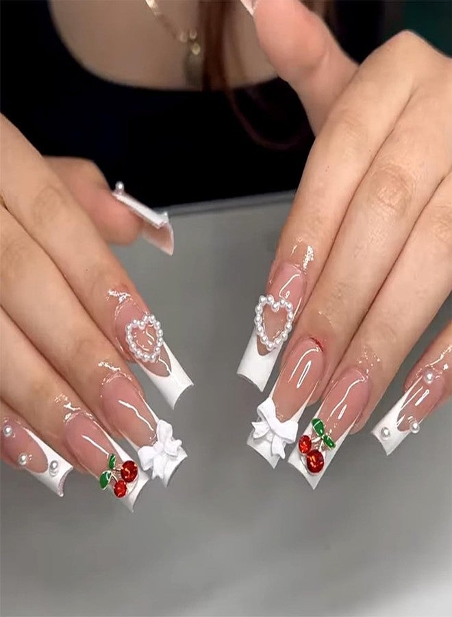 Vopintpy 3D Cherry Bow Pearl Fake Nails White French Tip Press on Nails Extra Long Square False Nail with Design Glossy Full Cover Artificial Reusable Stick on Nail for Women Nail Art - Image 1